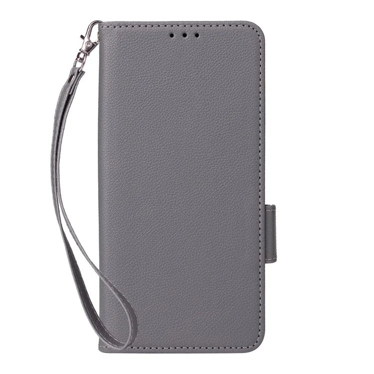 For Sony Xperia 5 V Case Litchi Texture Leather Wallet Cellphone Cover with Strap - Grey
