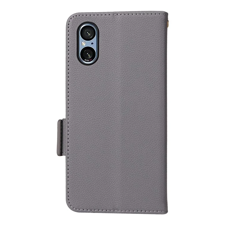 For Sony Xperia 5 V Case Litchi Texture Leather Wallet Cellphone Cover with Strap - Grey