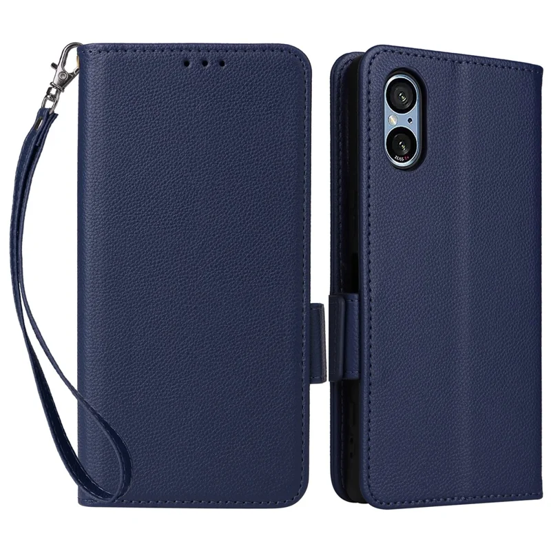 For Sony Xperia 5 V Case Litchi Texture Leather Wallet Cellphone Cover with Strap - Dark Blue