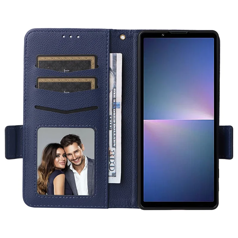 For Sony Xperia 5 V Case Litchi Texture Leather Wallet Cellphone Cover with Strap - Dark Blue