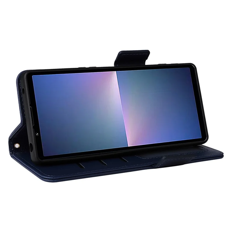 For Sony Xperia 5 V Case Litchi Texture Leather Wallet Cellphone Cover with Strap - Dark Blue