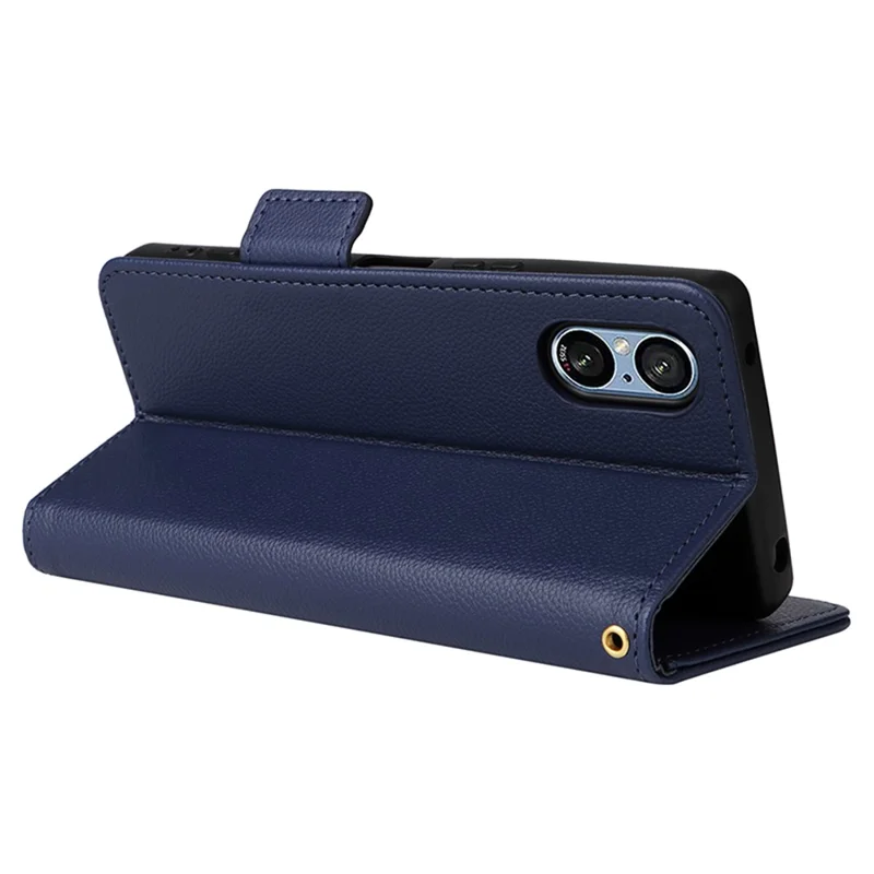For Sony Xperia 5 V Case Litchi Texture Leather Wallet Cellphone Cover with Strap - Dark Blue