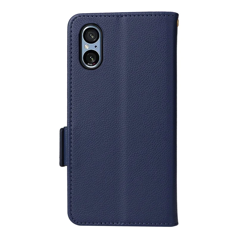 For Sony Xperia 5 V Case Litchi Texture Leather Wallet Cellphone Cover with Strap - Dark Blue
