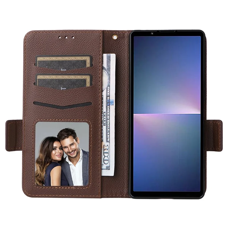 For Sony Xperia 5 V Case Litchi Texture Leather Wallet Cellphone Cover with Strap - Brown