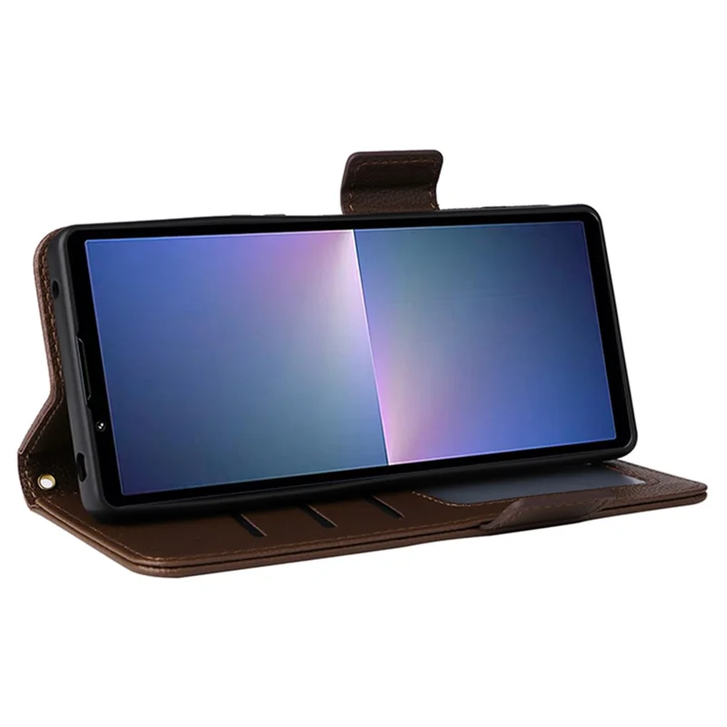 For Sony Xperia 5 V Case Litchi Texture Leather Wallet Cellphone Cover with Strap - Brown