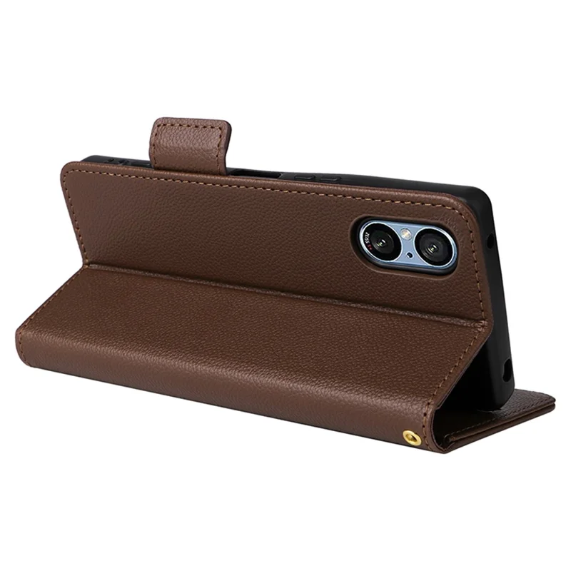 For Sony Xperia 5 V Case Litchi Texture Leather Wallet Cellphone Cover with Strap - Brown