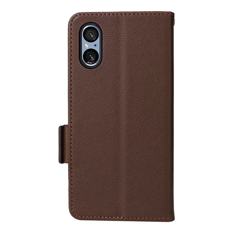 For Sony Xperia 5 V Case Litchi Texture Leather Wallet Cellphone Cover with Strap - Brown