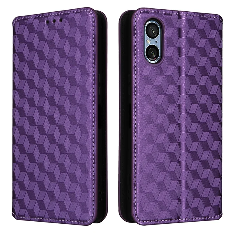 For Sony Xperia 5 V Cover Rhombus Imprinted PU Leather Stand Wallet Phone Shell - Purple