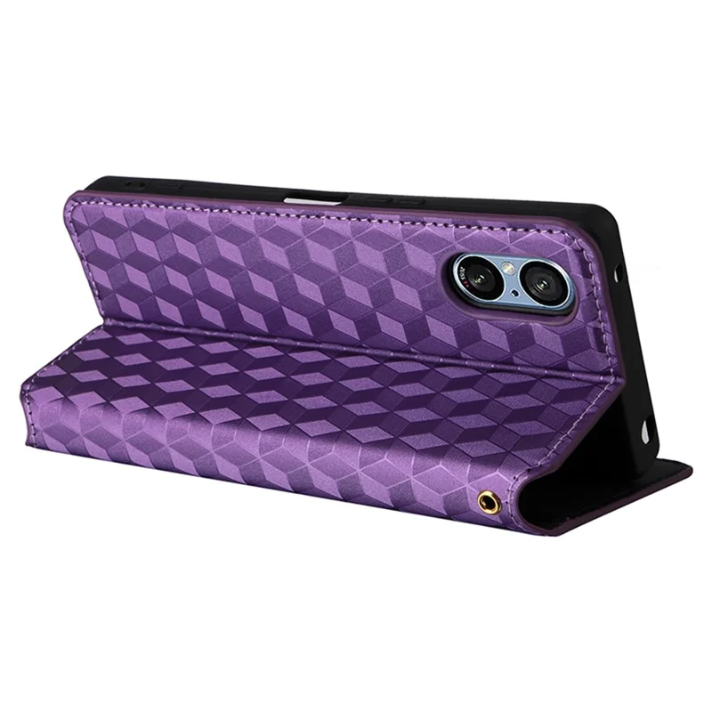 For Sony Xperia 5 V Cover Rhombus Imprinted PU Leather Stand Wallet Phone Shell - Purple