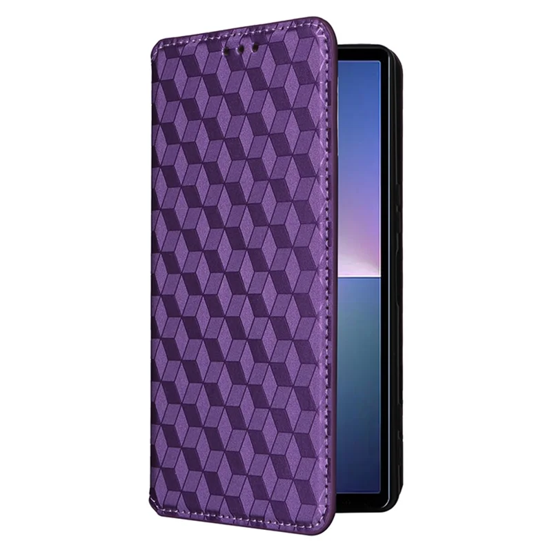 For Sony Xperia 5 V Cover Rhombus Imprinted PU Leather Stand Wallet Phone Shell - Purple