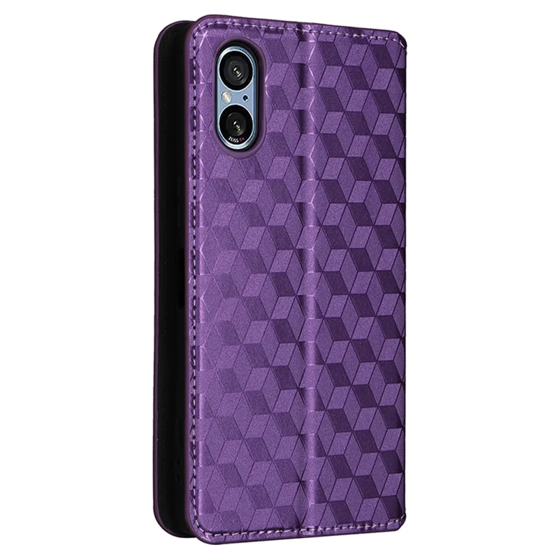 For Sony Xperia 5 V Cover Rhombus Imprinted PU Leather Stand Wallet Phone Shell - Purple