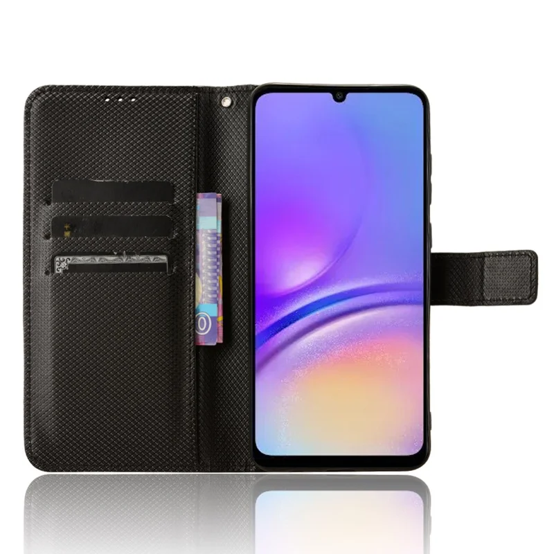For Samsung Galaxy A05 4G Case Leather Stand Diamond Texture Protective Phone Cover - Black