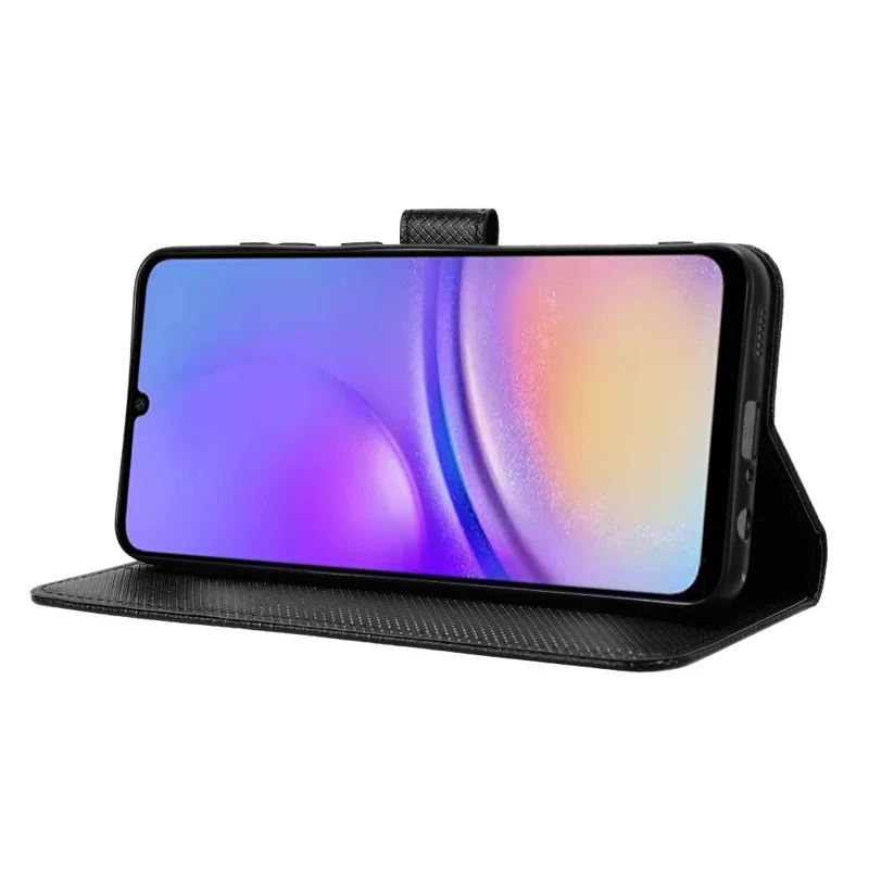 For Samsung Galaxy A05 4G Case Leather Stand Diamond Texture Protective Phone Cover - Black