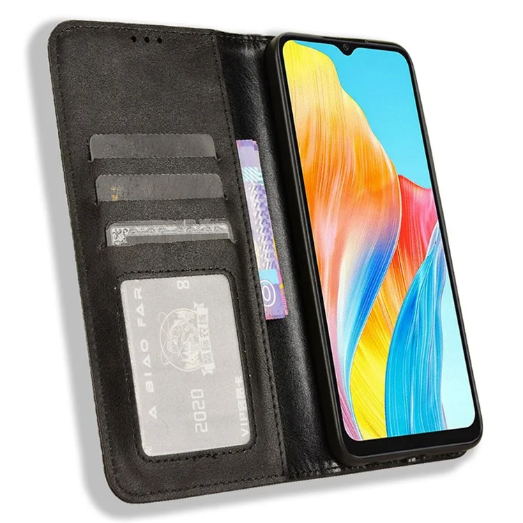 Para Oppo A18 4G / A38 4G Case Retro Leather Wallet Folding Stand Cell Phone Cover - Preto