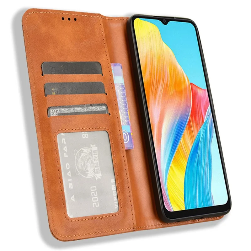For Oppo A18 4G / A38 4G Case Retro Leather Wallet Folding Stand Cell Phone Cover - Brown