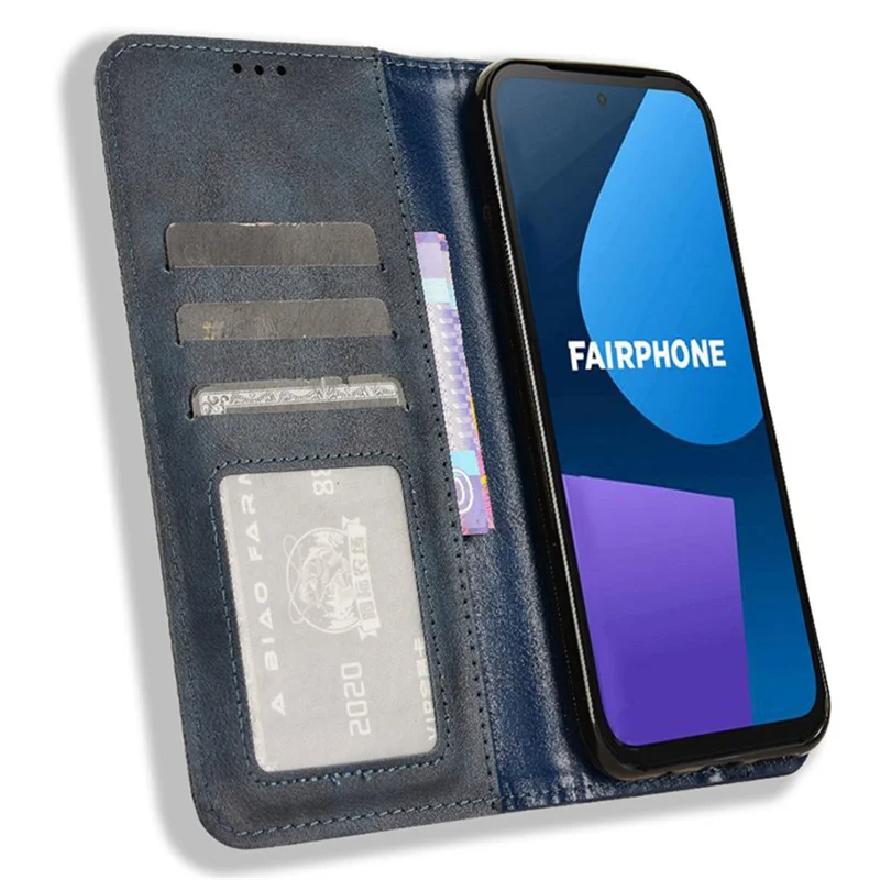 Capa para Fairphone 5 com suporte de telefone Capa de couro sintético retrô com carteira e carcaça magnética - Azul