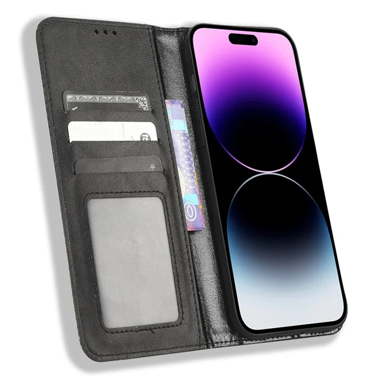 Para iPhone 15 Pro Max Case Magnetic Auto-absorbed Leather Wallet Stand Phone Cover - Black