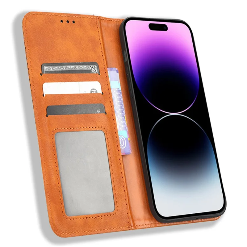 For iPhone 15 Pro Max Case Magnetic Auto-absorbed Leather Wallet Stand Phone Cover - Brown