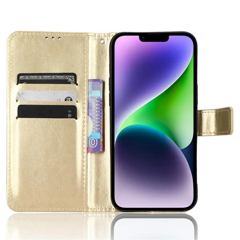 Für iPhone 15 Lederhülle Crazy Horse-Textur Stoßfeste Telefonhülle mit Brieftasche und Ständer - Gold