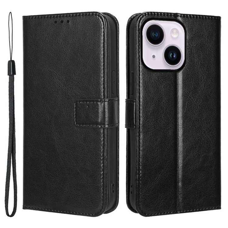 Phone Case for iPhone 15 Plus Cover Crazy Horse Texture Leather Wallet Stand Shell - Black