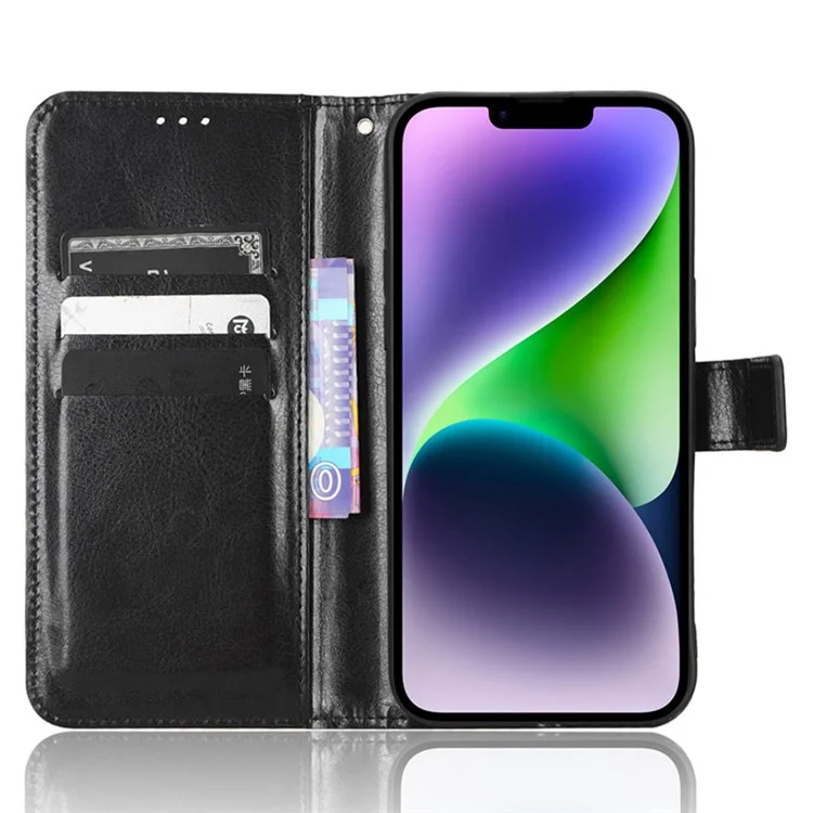 Phone Case for iPhone 15 Plus Cover Crazy Horse Texture Leather Wallet Stand Shell - Black