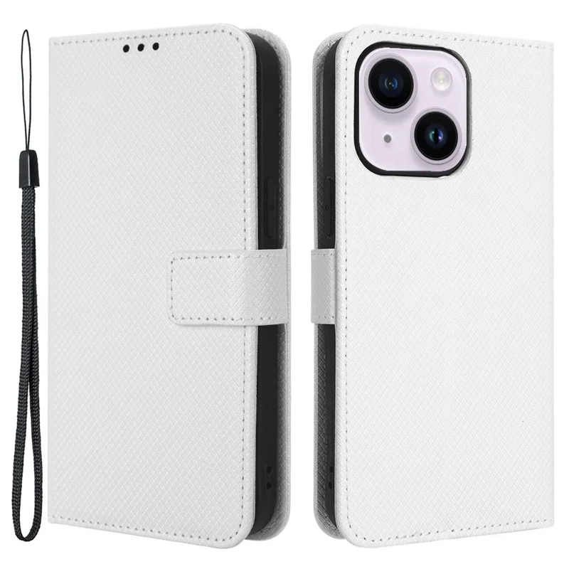 Per iPhone 15 Case Anti-Scratch Leather Phone Shell Stand Diamond Texture Wallet Phone Cover - Bianco