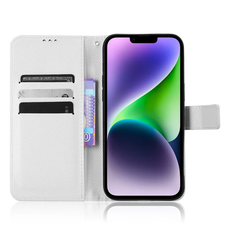 Per iPhone 15 Case Anti-Scratch Leather Phone Shell Stand Diamond Texture Wallet Phone Cover - Bianco