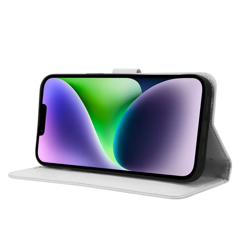 Per iPhone 15 Case Anti-Scratch Leather Phone Shell Stand Diamond Texture Wallet Phone Cover - Bianco