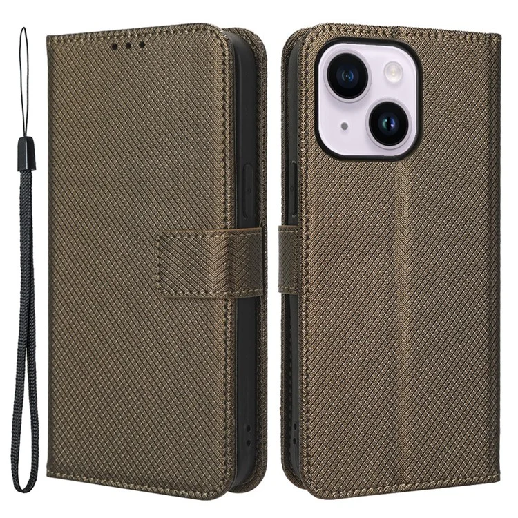 Per iPhone 15 Plus Case Stand Diamond Texture Anti-Scratch Phone Cover Leather Shell - Marrone