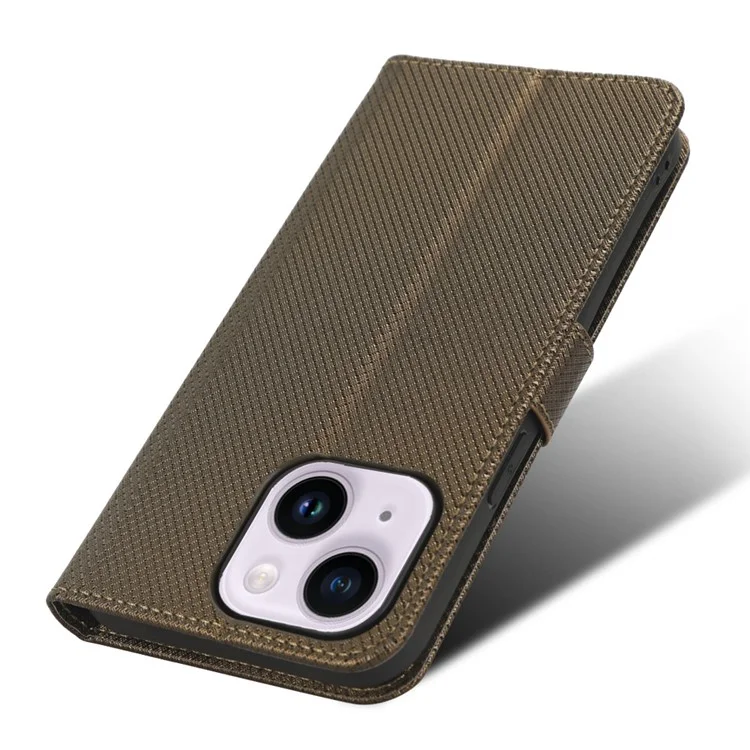 Per iPhone 15 Plus Case Stand Diamond Texture Anti-Scratch Phone Cover Leather Shell - Marrone