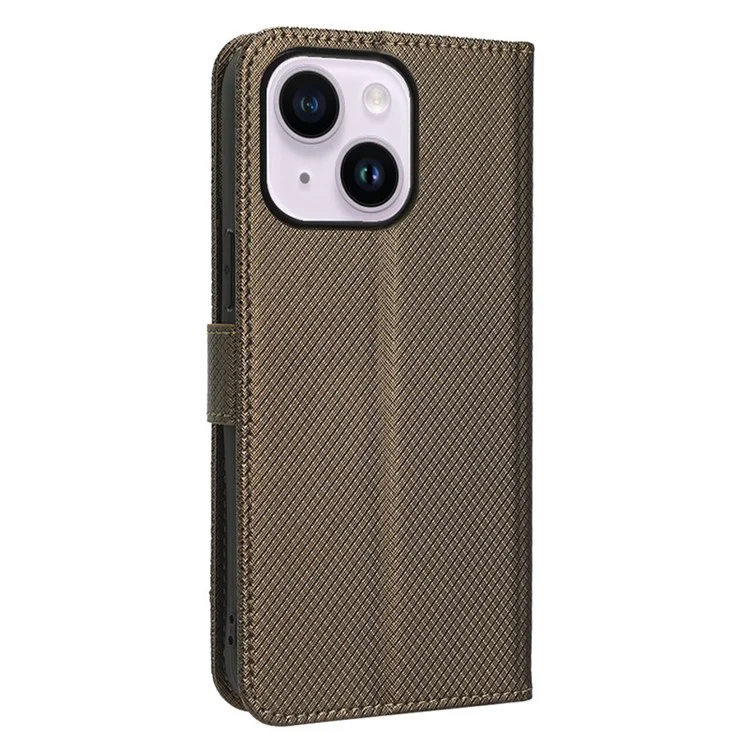 Per iPhone 15 Plus Case Stand Diamond Texture Anti-Scratch Phone Cover Leather Shell - Marrone