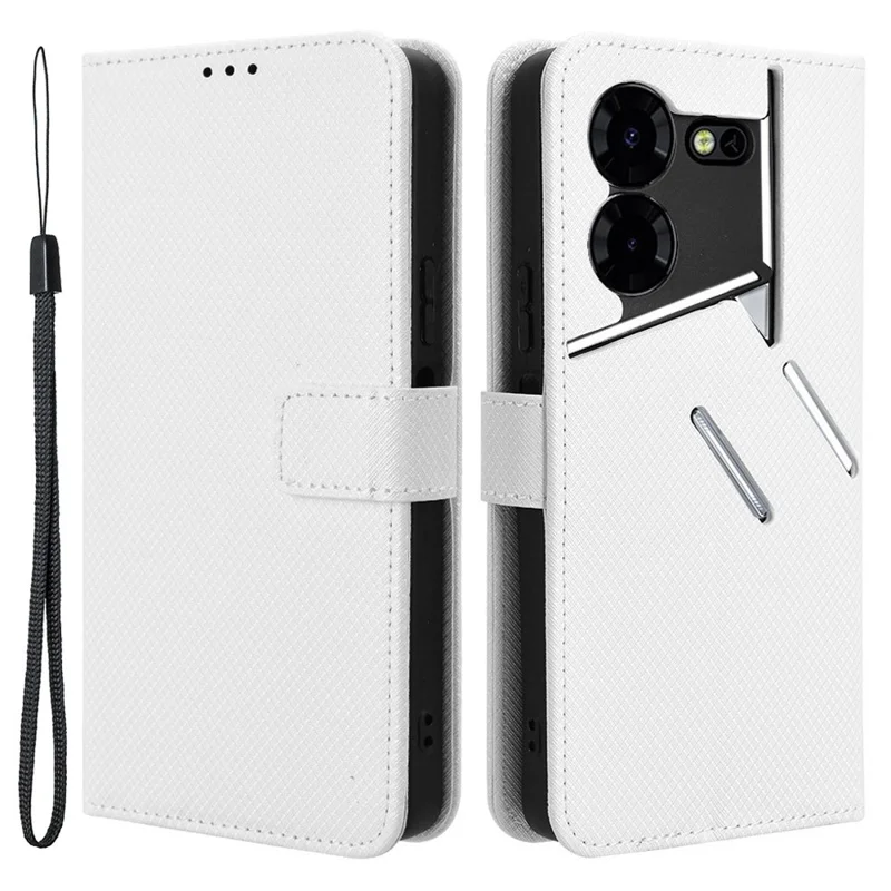 For TECNO Pova 5 Pro 4G / LH8n Case Diamond Texture Phone Cover PU Leather Phone Stand Shell - White