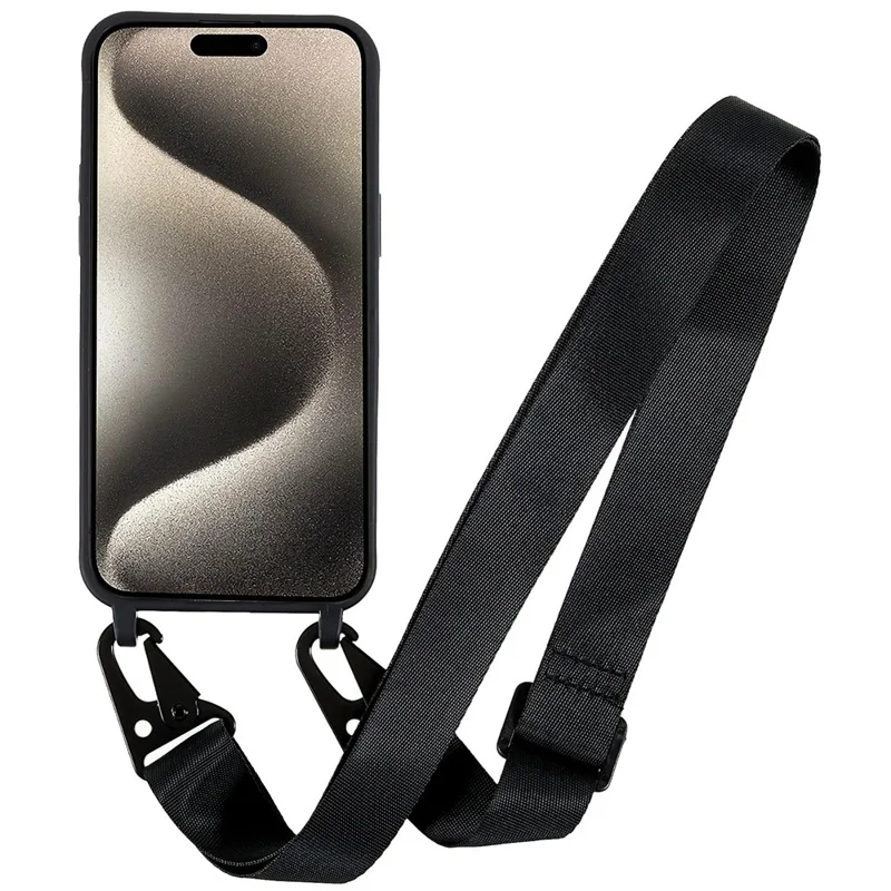 For iPhone 15 Pro Matte TPU Cover Shockproof Phone Case with Wide Lanyard - Black
