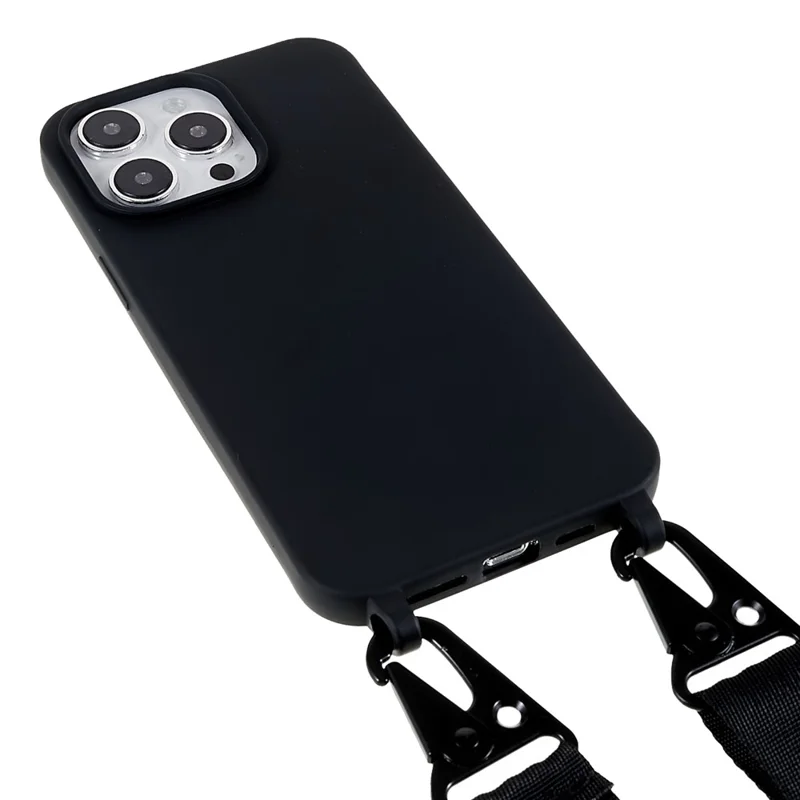 For iPhone 15 Pro Matte TPU Cover Shockproof Phone Case with Wide Lanyard - Black