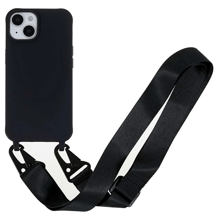 Für iPhone 15 Matte Case Schutzhülle TPU Handyhülle mit breitem Trageriemen - Schwarz