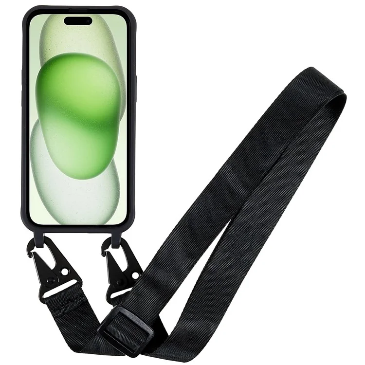 Für iPhone 15 Matte Case Schutzhülle TPU Handyhülle mit breitem Trageriemen - Schwarz