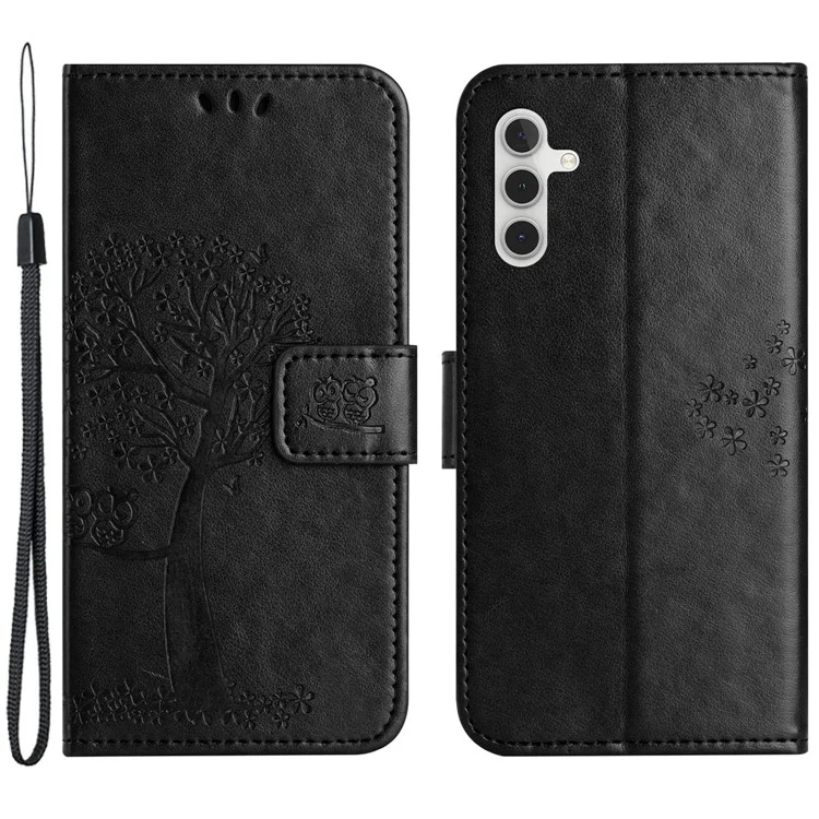 For Samsung Galaxy A05s 4G Cover Owl Tree Pattern Leather Wallet Phone Case - Black