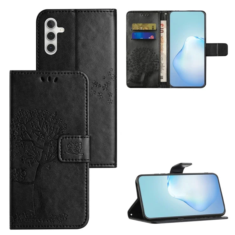For Samsung Galaxy A05s 4G Cover Owl Tree Pattern Leather Wallet Phone Case - Black