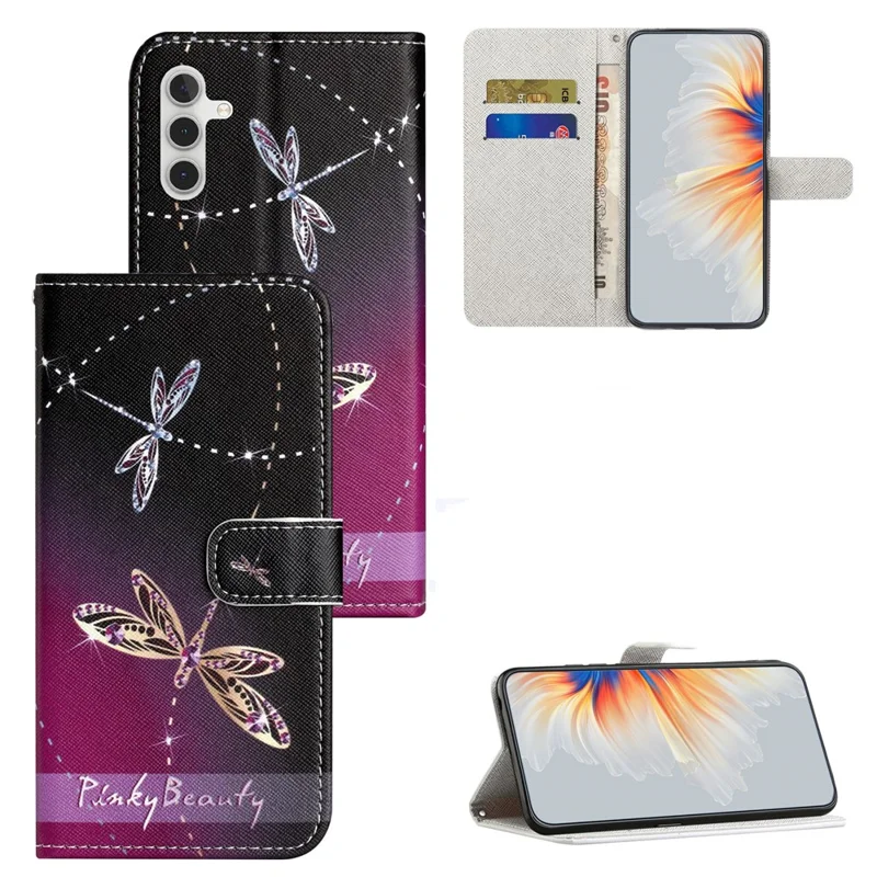 For Samsung Galaxy A15 5G Leather Case Pattern Printing Protective Wallet Phone Cover - Dragonflies