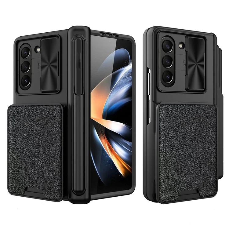 For Samsung Galaxy Z Fold5 5G Case Sliding Lens Lid Detachable Card Holder Phone Cover with Tempered Glass Film - Black