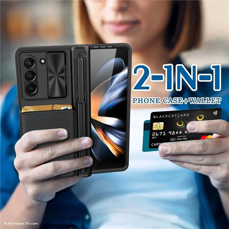 For Samsung Galaxy Z Fold5 5G Case Sliding Lens Lid Detachable Card Holder Phone Cover with Tempered Glass Film - Black