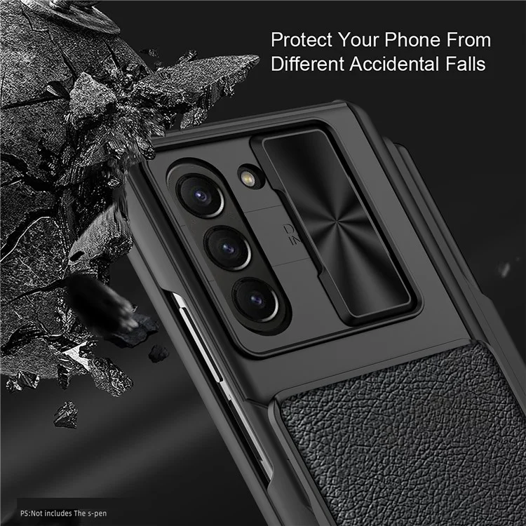 For Samsung Galaxy Z Fold5 5G Case Sliding Lens Lid Detachable Card Holder Phone Cover with Tempered Glass Film - Black