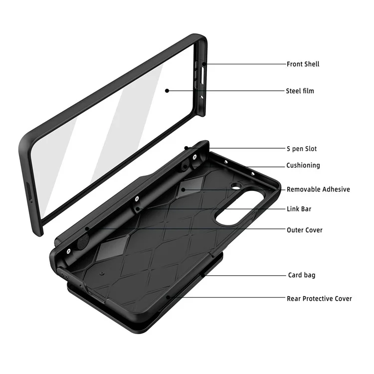 For Samsung Galaxy Z Fold5 5G Case Sliding Lens Lid Detachable Card Holder Phone Cover with Tempered Glass Film - Black