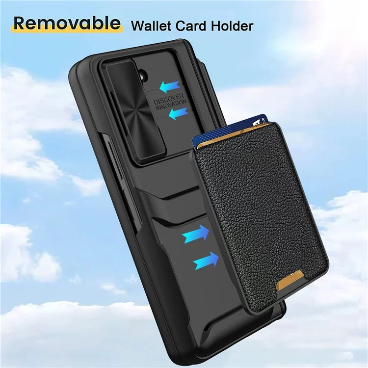 For Samsung Galaxy Z Fold5 5G Case Sliding Lens Lid Detachable Card Holder Phone Cover with Tempered Glass Film - Black