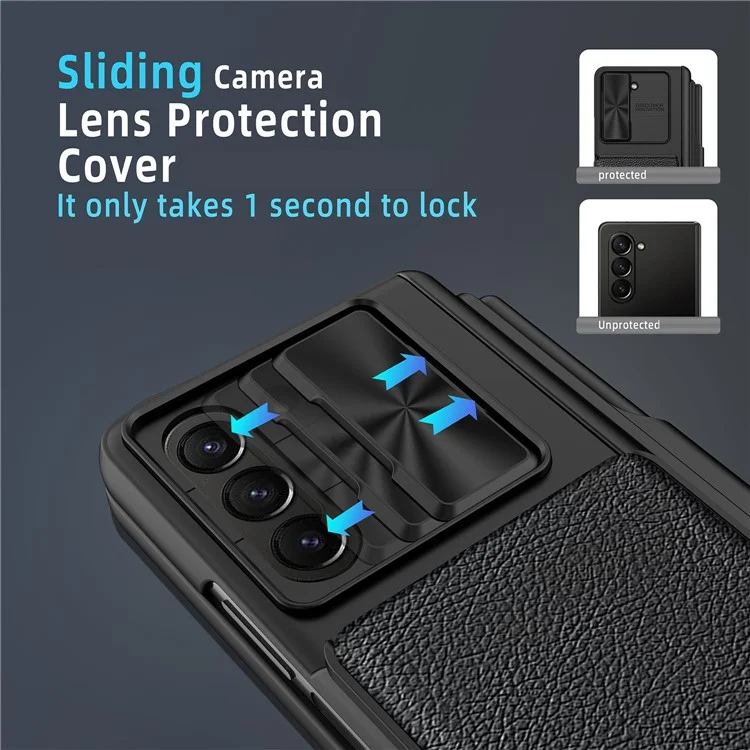 For Samsung Galaxy Z Fold5 5G Case Sliding Lens Lid Detachable Card Holder Phone Cover with Tempered Glass Film - Black