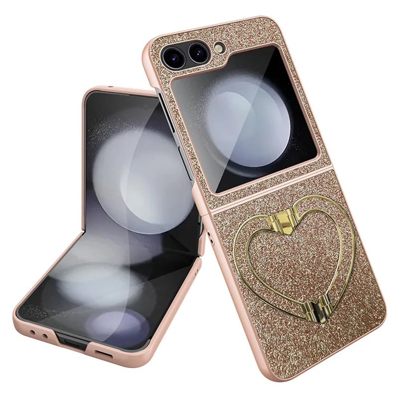 Para Samsung Galaxy Z Flip5 5G Case Heart-Shape Kickstand Glitter PU Leather+PC Phone Cover - Gold