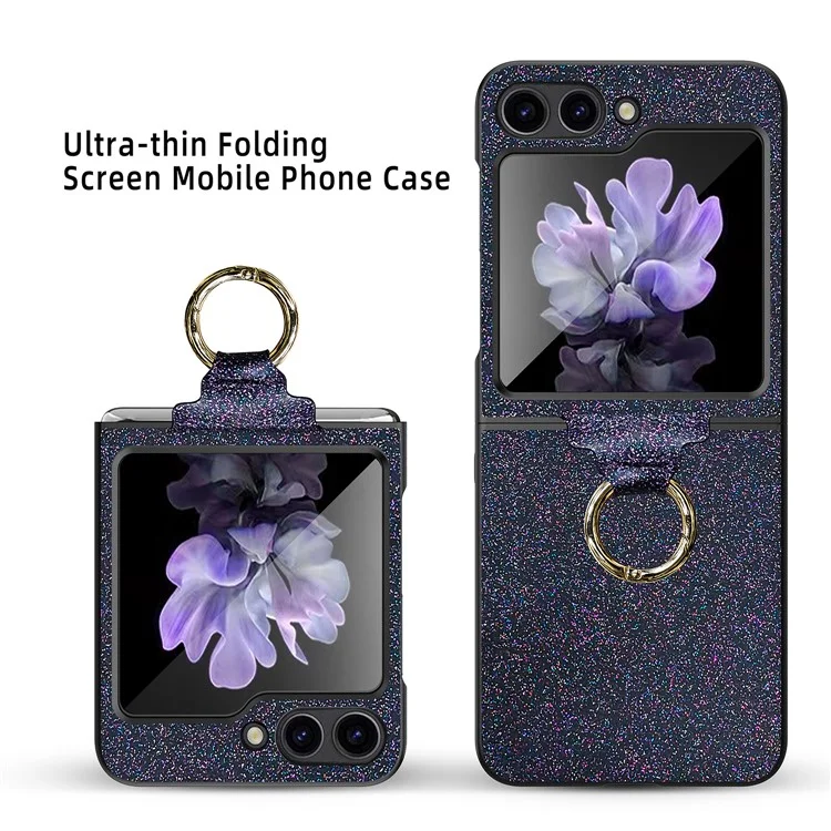 Pour Samsung Galaxy Z Flip5 5G Housse Glitter Finger Ring Phone Cover avec Film de Protection d'Écran Arrière en Verre Trempé - Noir