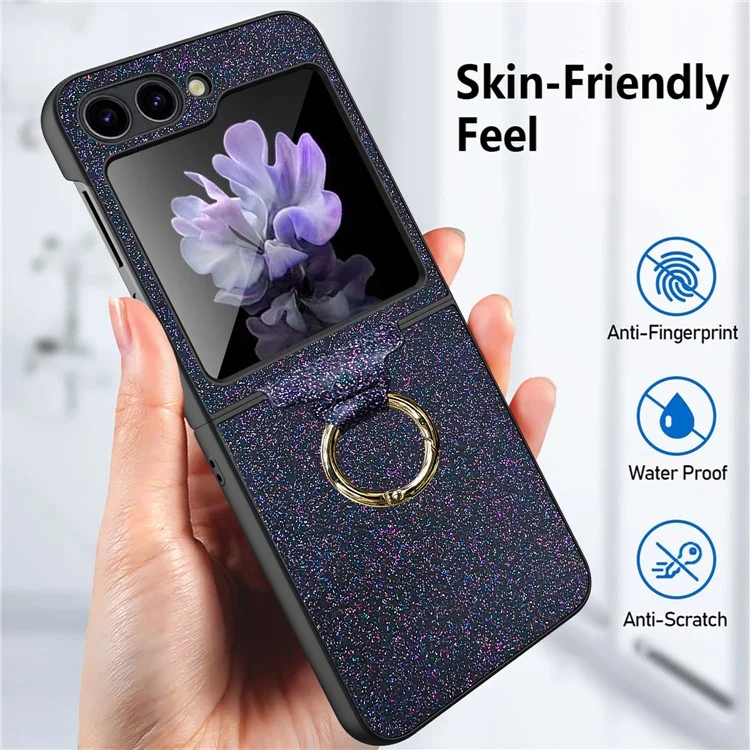 Pour Samsung Galaxy Z Flip5 5G Housse Glitter Finger Ring Phone Cover avec Film de Protection d'Écran Arrière en Verre Trempé - Noir