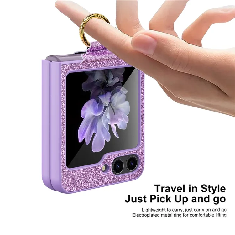 Pour Samsung Galaxy Z Flip5 5G Housse Glitter Finger Ring Phone Cover avec Film de Protection d'Écran Arrière en Verre Trempé - Noir
