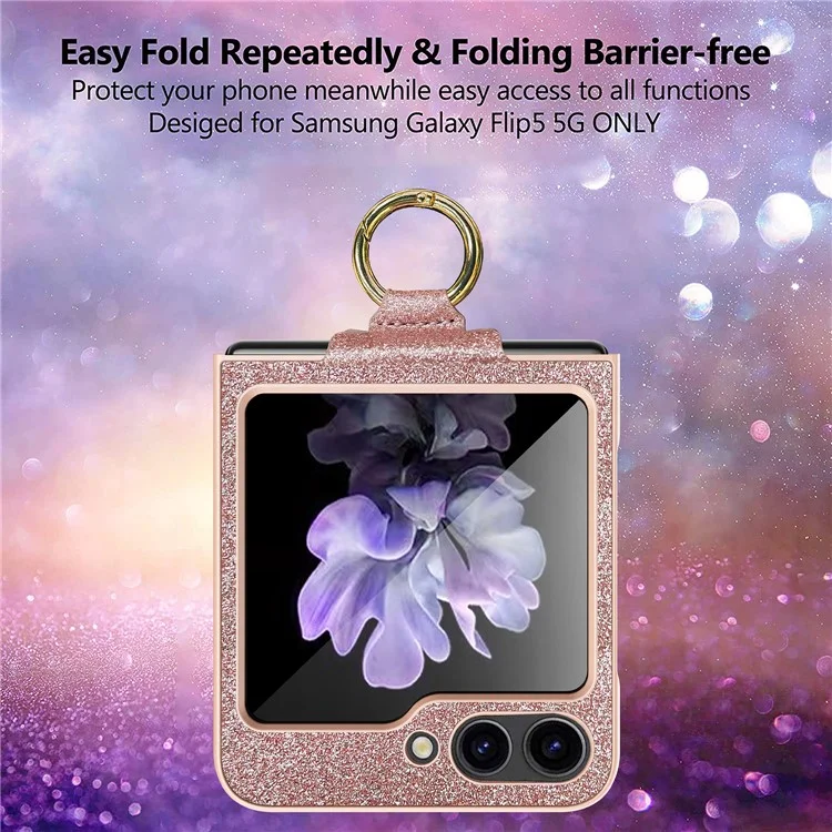 Pour Samsung Galaxy Z Flip5 5G Housse Glitter Finger Ring Phone Cover avec Film de Protection d'Écran Arrière en Verre Trempé - Noir